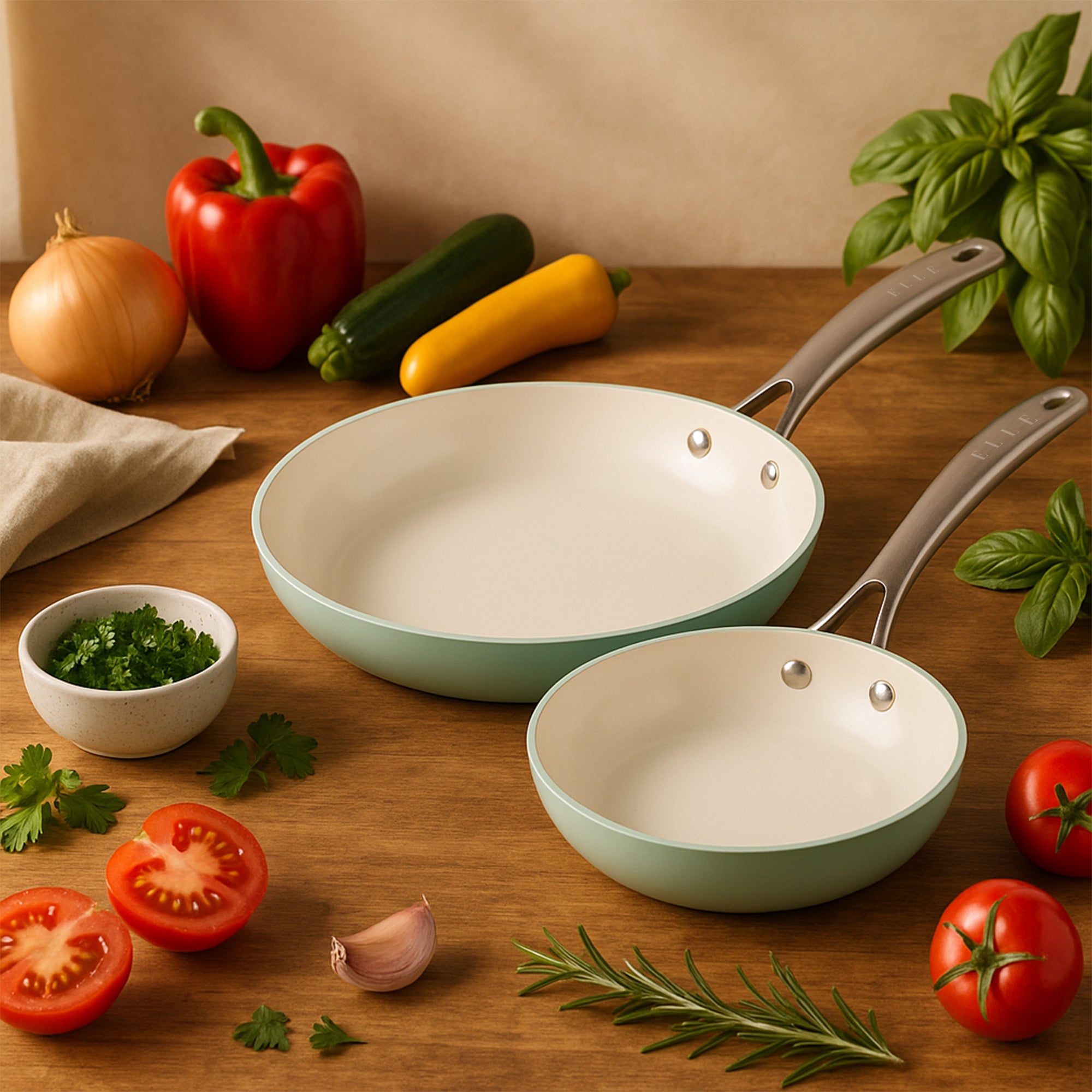 ELLE Home Ceramic Frypan Set – 3 Piece Induction Non-Stick Glacier