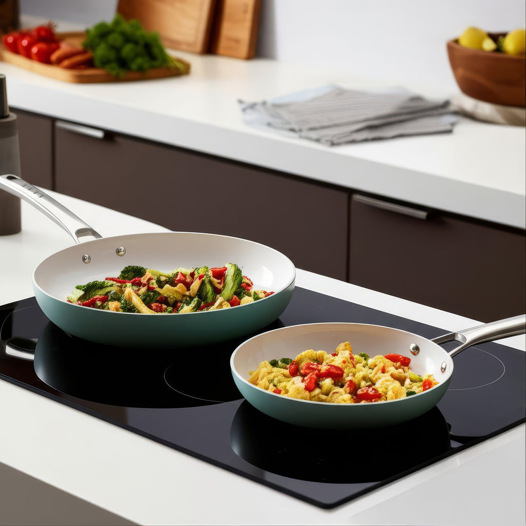 ELLE Home Ceramic Frypan Set – 3 Piece Induction Non-Stick Glacier