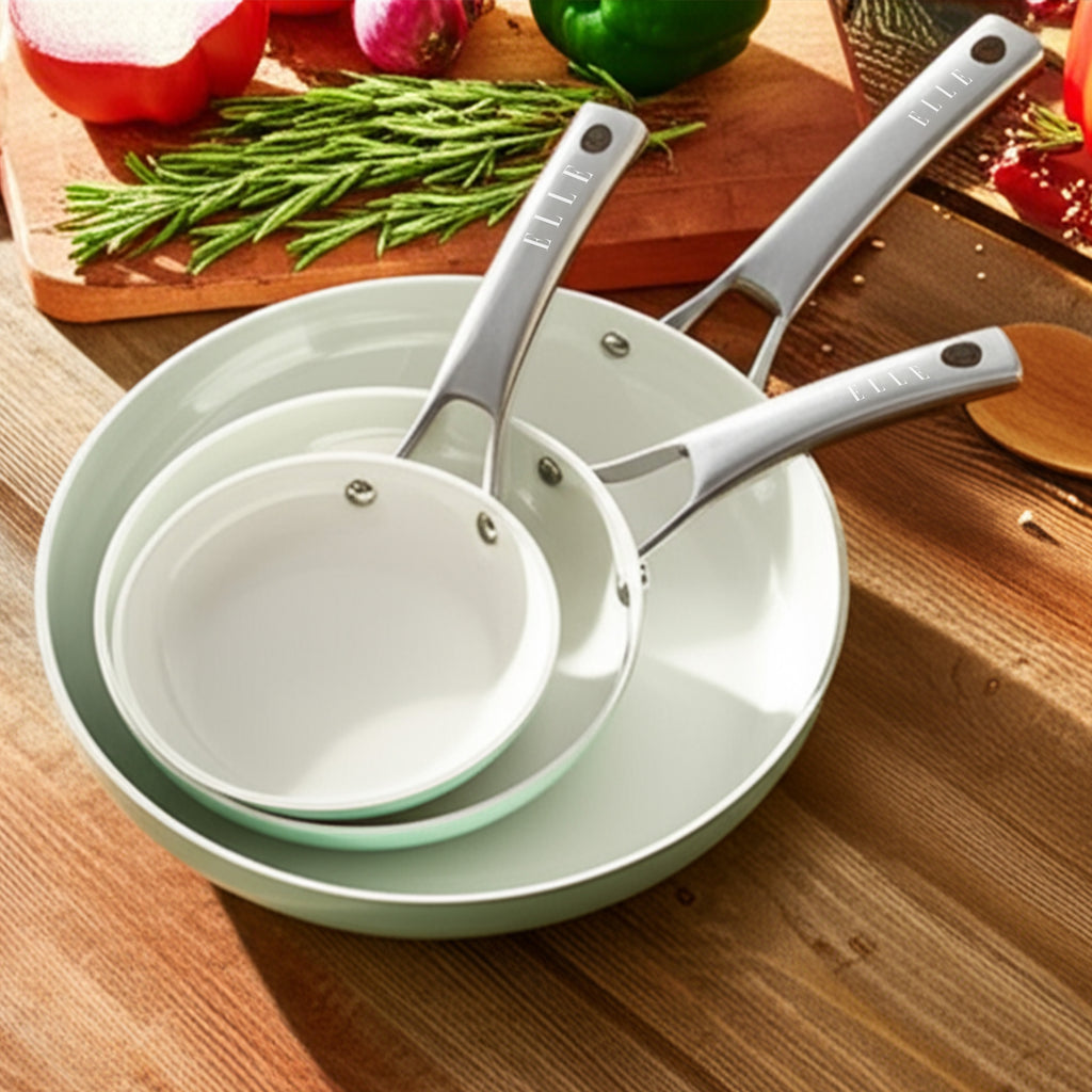 ELLE Home Ceramic Frypan Set – 3 Piece Induction Non-Stick Glacier