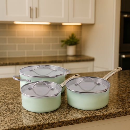 ELLE Home 6 Piece Saucepan Set – Ceramic Non-Stick Induction Cookware, Glacier