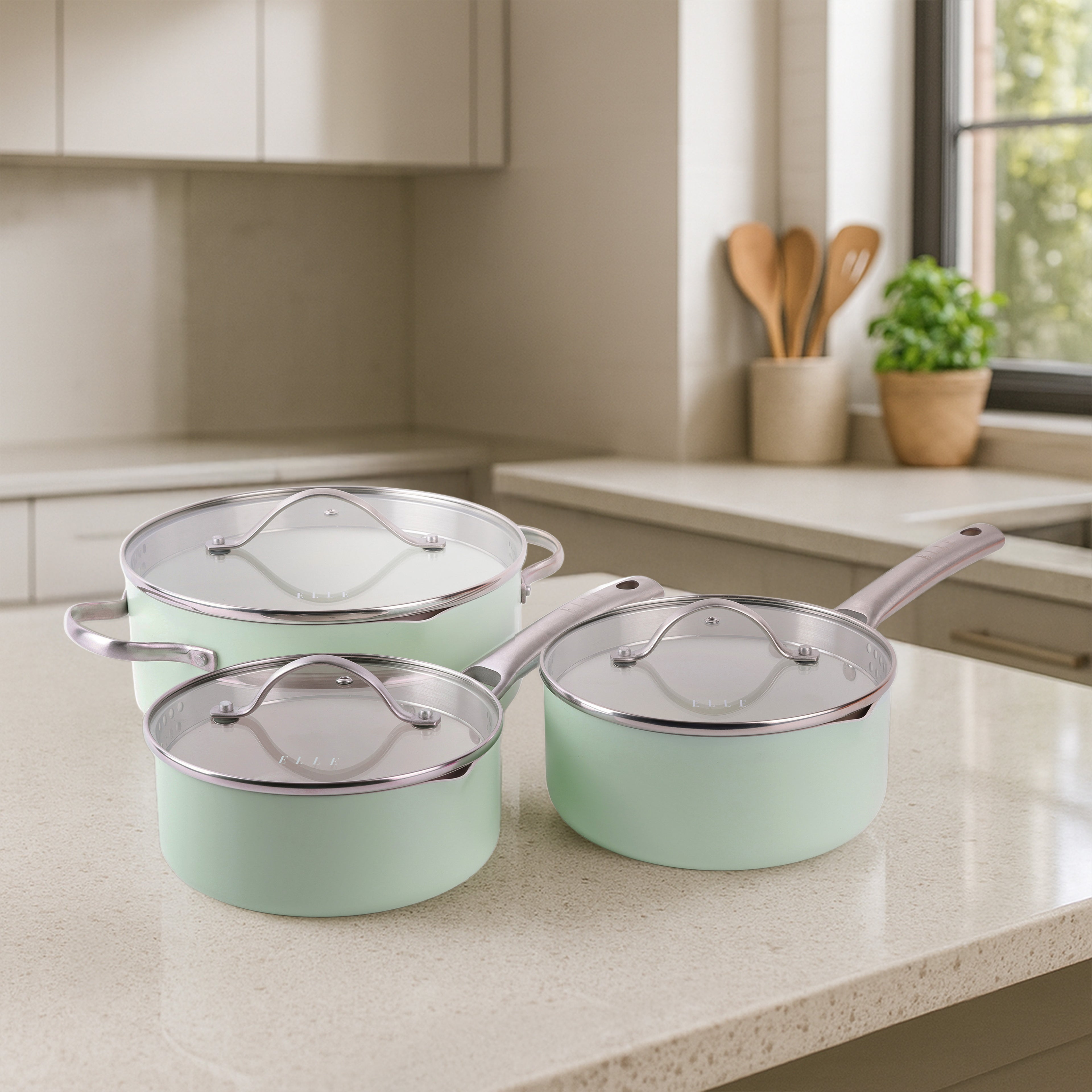ELLE Home 6 Piece Saucepan Set – Ceramic Non-Stick Induction Cookware, Glacier