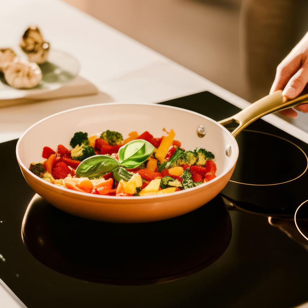 ELLE Home Helene Ceramic Non-Stick Frypan Set – 3pc Induction Cookware, Apricot