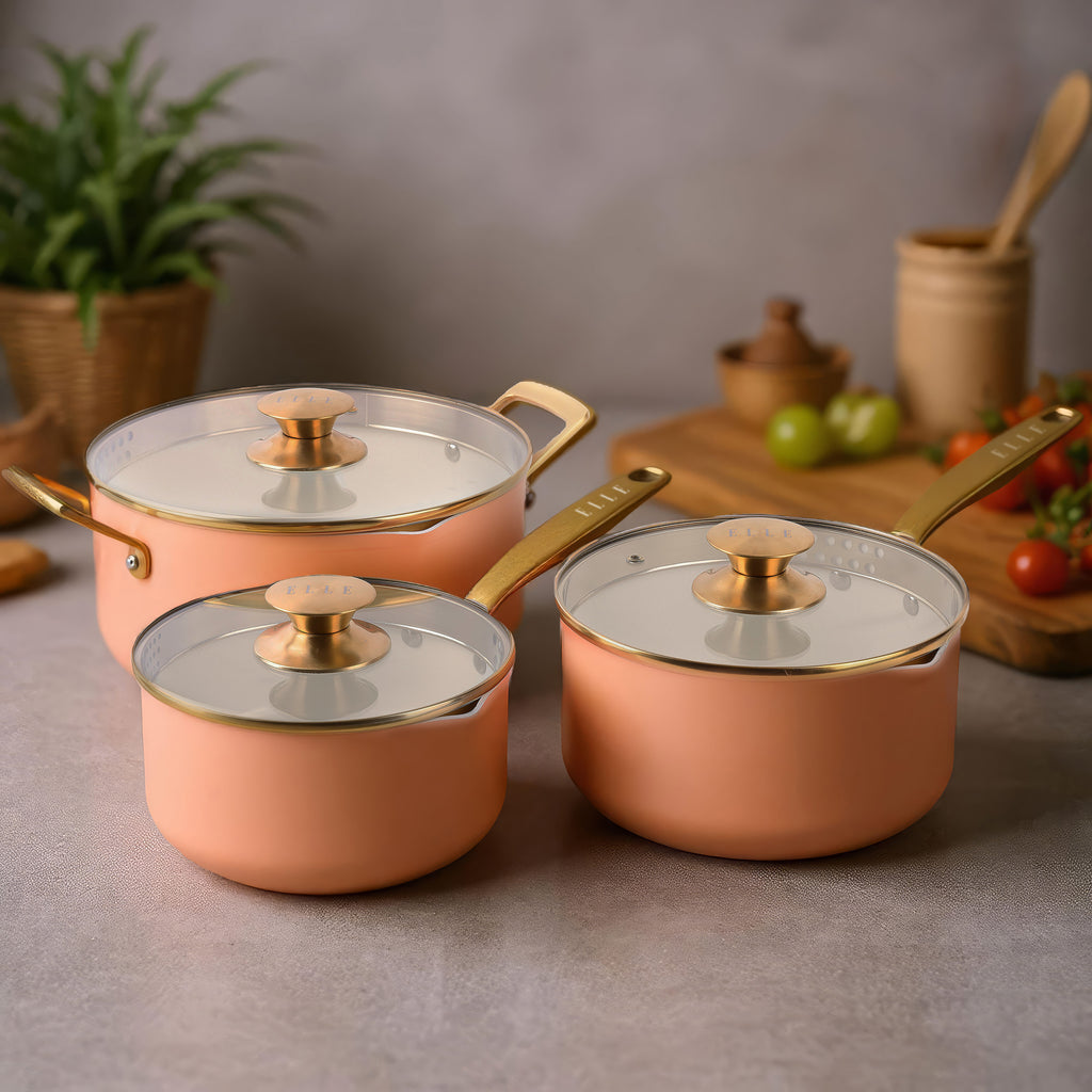 ELLE Home Non-Stick Saucepan Set – 6pc Ceramic with Gold Handles