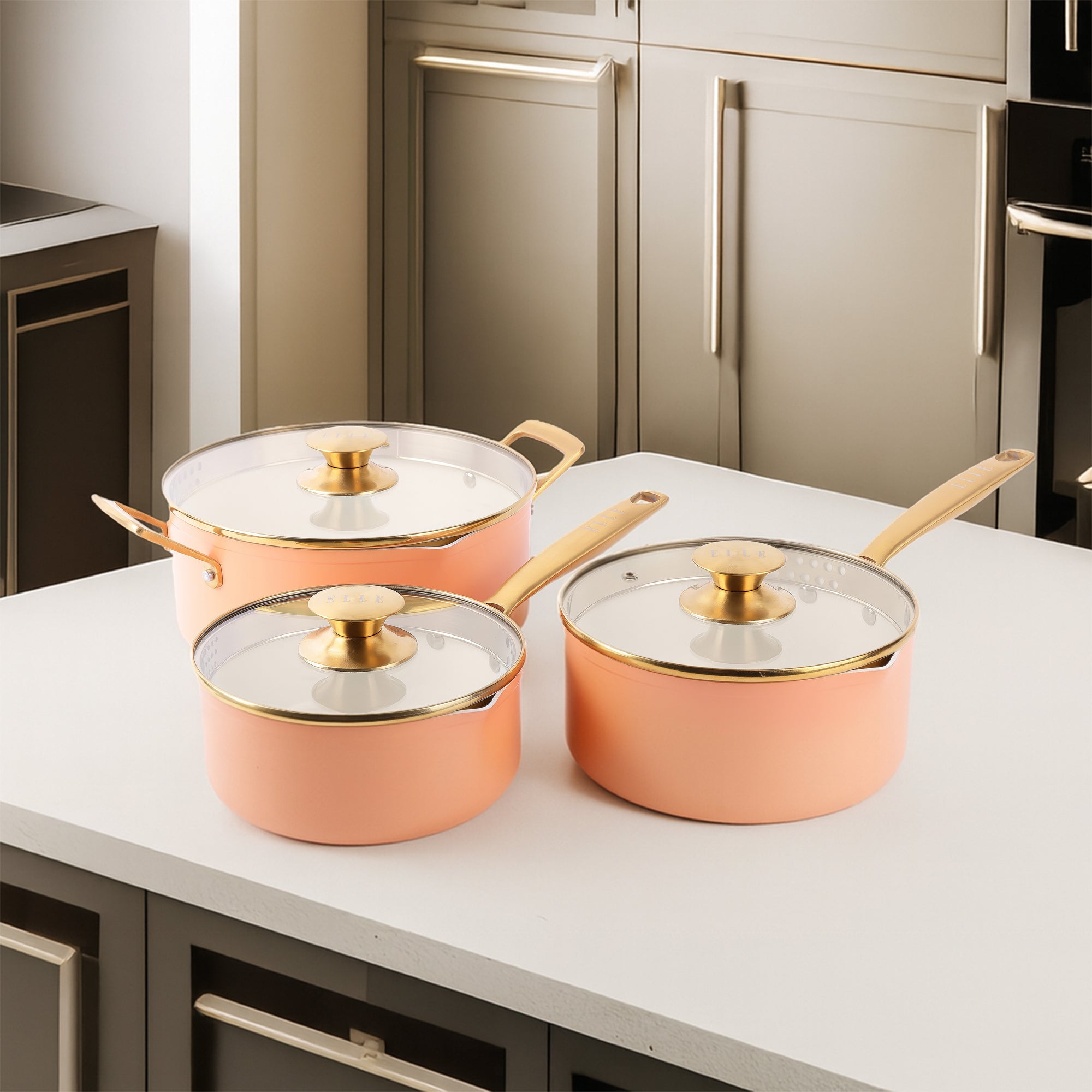 ELLE Home Non-Stick Saucepan Set – 6pc Ceramic with Gold Handles