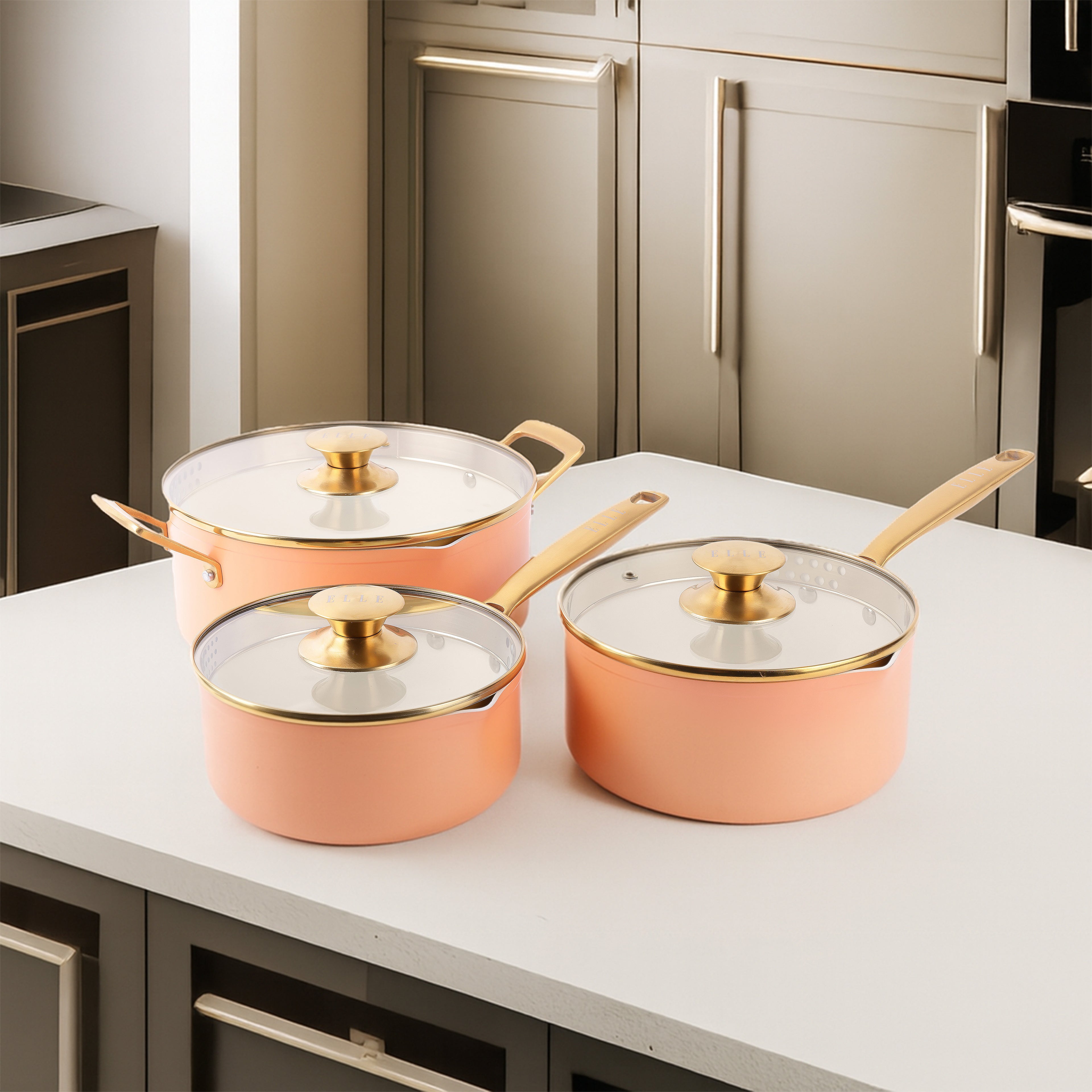 ELLE Home Non-Stick Saucepan Set – 6pc Ceramic with Gold Handles