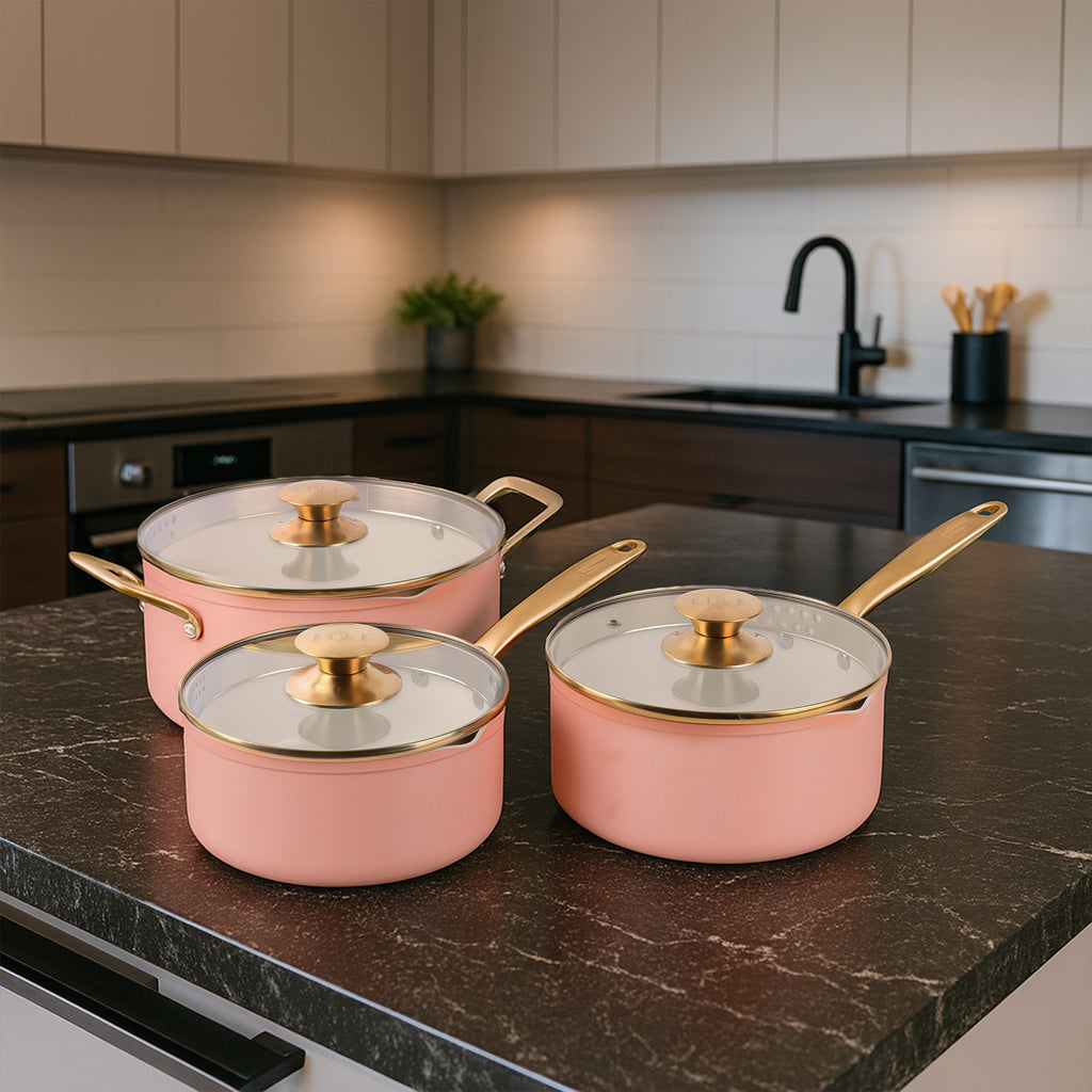 ELLE Home Non-Stick Saucepan Set – 6pc Ceramic with Gold Handles