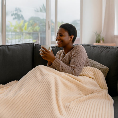 Woman sitting on a couch with a blanket (EHHT02VC) and holding a mug, smiling.