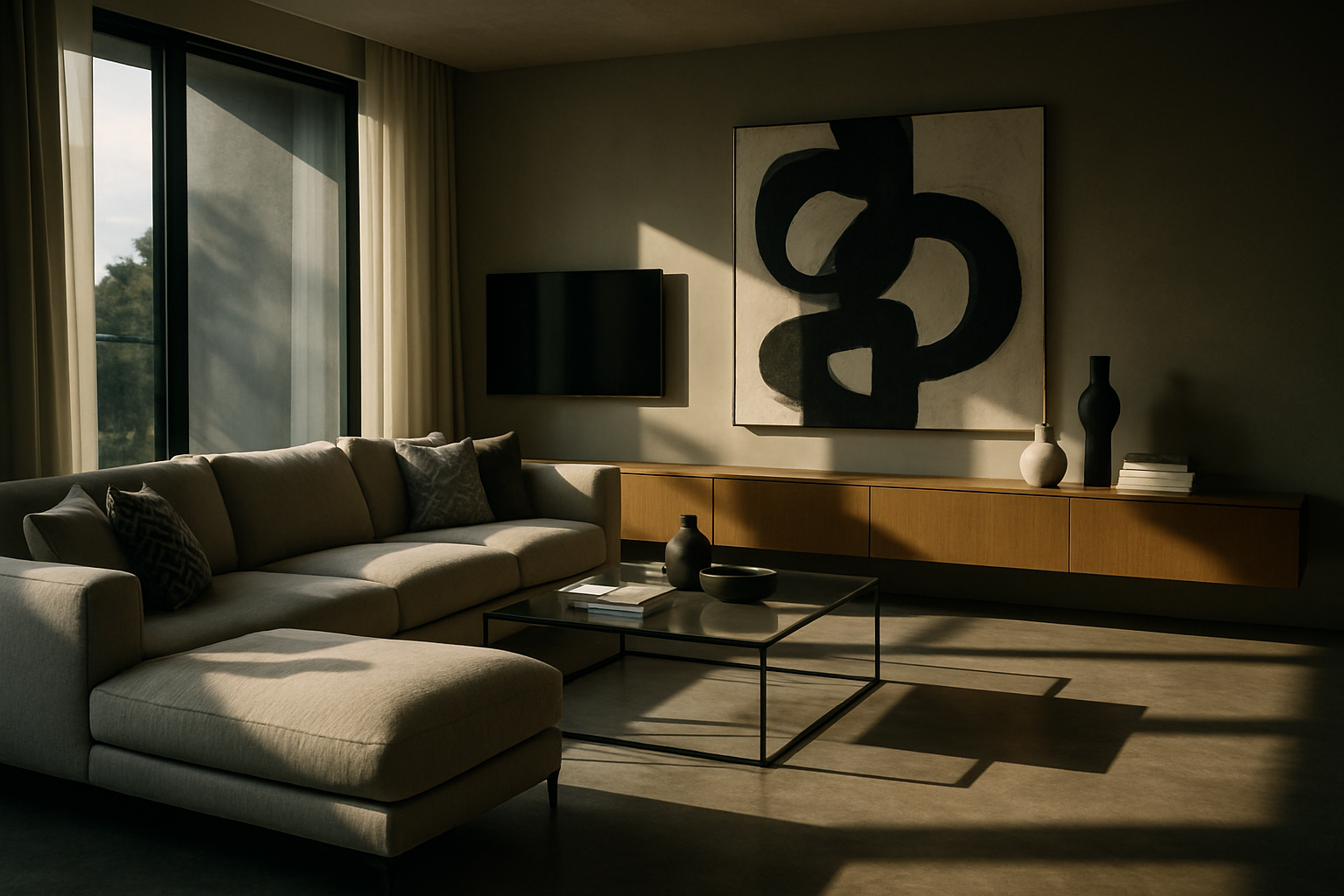 A cinematic interior design image focused on modern home decor in a modern home