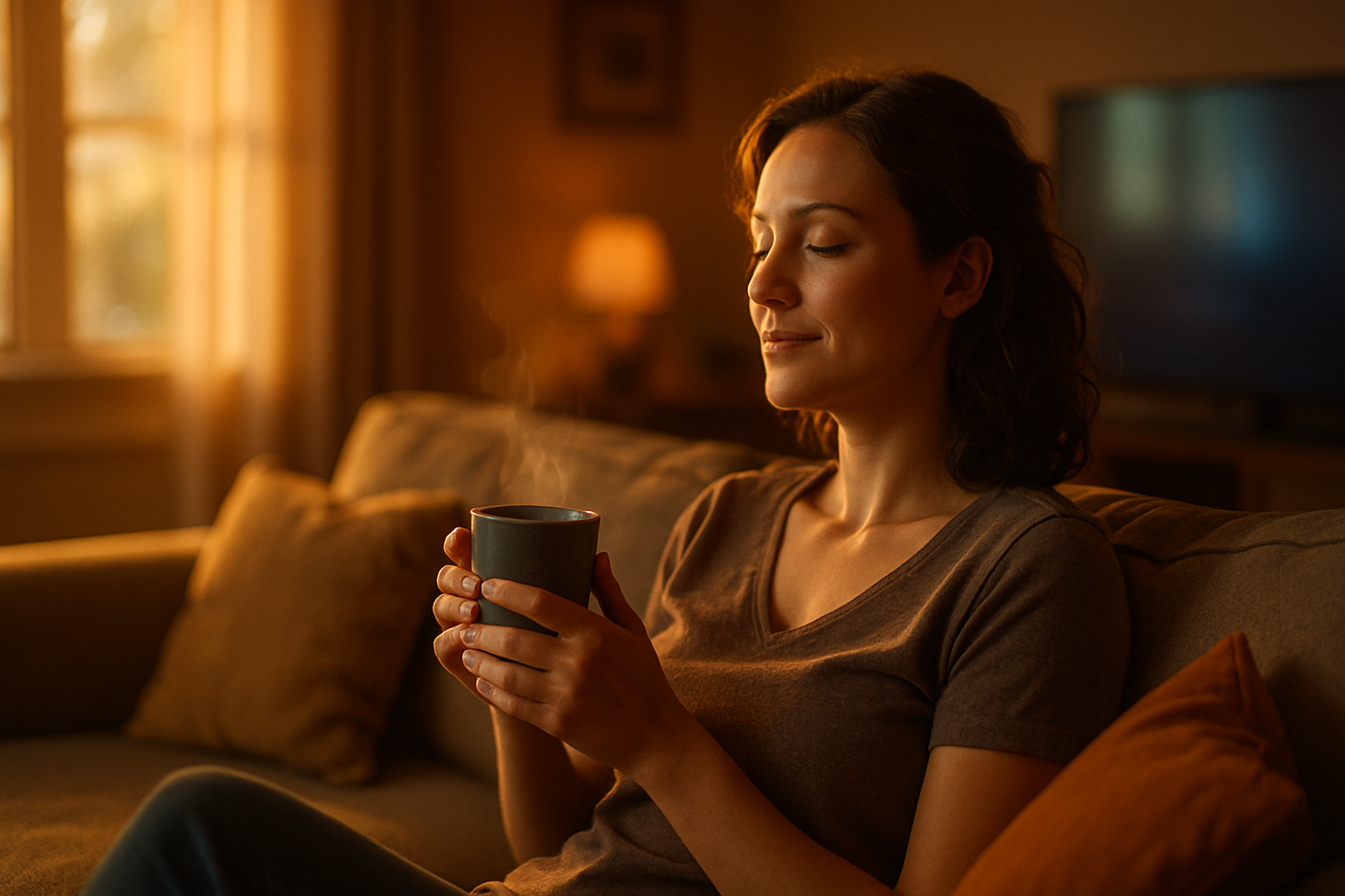 cinematic video of a mom sitting on a couch drinking coffee while watching tv